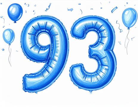 Pencil drawing of blue number 93 balloon. Sketch for birthday or anniversary party