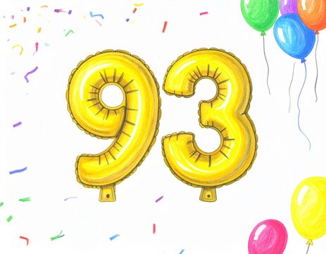Pencil drawing of yellow number 93 balloon. Sketch for birthday or anniversary party