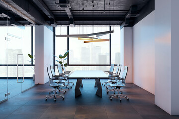 Modern corporate conference room with large table, ergonomic chairs, glass partitions, and city view interior in contemporary workplace design.. 3D Rendering