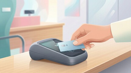 Fototapeta premium Close-up of hand tapping credit card on payment terminal. Contactless nfc transaction with green checkmark on pos machine. Flat vector illustration