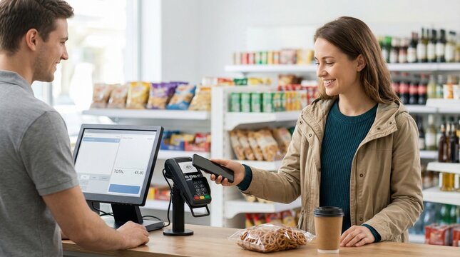Smiling woman paying with smartphone at supermarket checkout. Female customer using contactless mobile payment at convenience store counter