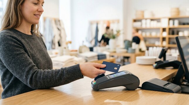 Woman making contactless payment with credit card at retail store counter. Customer tapping blue card on pos terminal in boutique shop