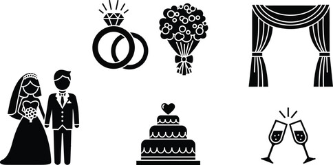 Naklejka premium Wedding celebration icons. Bride and groom, interlocking wedding rings, a bouquet, a wedding arch, a cake, and champagne flutes. 