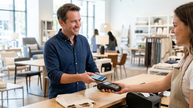 Smiling man paying with smartphone at checkout in a home goods store. Contactless mobile payment concept. Customer and cashier interacting