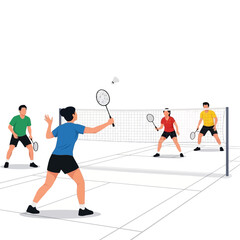 Fototapeta premium People playing badminton doubles match on court with net, shuttlecock and racquets