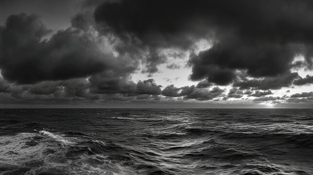 skim. A dramatic seascape at dusk with low, fast-moving clouds over a choppy ocean, an ominous storm approaching. travel magazines.