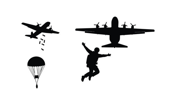 Military aircraft, paratrooper, bombs, and parachute vector silhouette illustration.