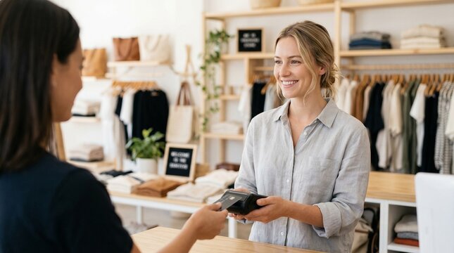 Contactless payment in a clothing boutique. Smiling female shop assistant holding card terminal for customer. Modern retail transaction in fashion store