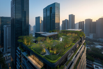 Fototapeta premium Lush green rooftop gardens on modern buildings, rainwater harvesting systems visible, sustainable urban architecture, golden hour light