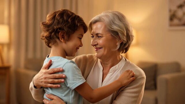 Grandmother hugging grandson in living room with love. A warm, tender portrait of family affection. Generational bond, family ties, unconditional love.