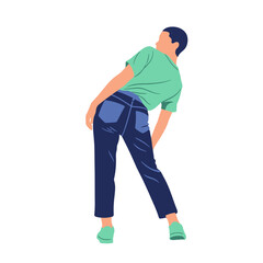 Naklejka premium Young person in jeans and t-shirt, bending backwards, isolated on white background