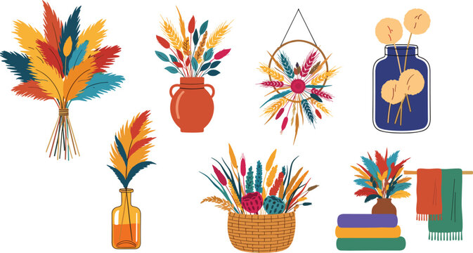 Boho Style Collection of Dried Pampas Grass and Floral Arrangements in Vases Baskets and Wreaths for Interior Home Decor and Modern Autumn Wedding Stationery Designs