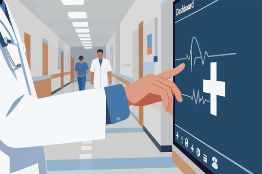 Doctor Pointing at Medical Dashboard in Hospital Hallway