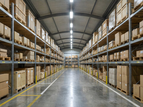 Large warehouse storage facility with shelves of cardboard boxes