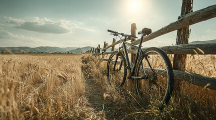 Naklejka premium Bicycle leaning against wooden fence during countryside tour in golden summer field with sunlight and mountains in background creating peaceful rural atmosphere