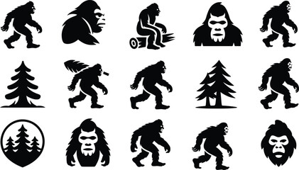 Fototapeta premium Silhouette Bigfoot Sasquatch Icons Set. Forest, Myth, Creature, Vector Illustration