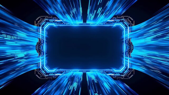 Blue neon mechanical frame with radiating light beams in dark void