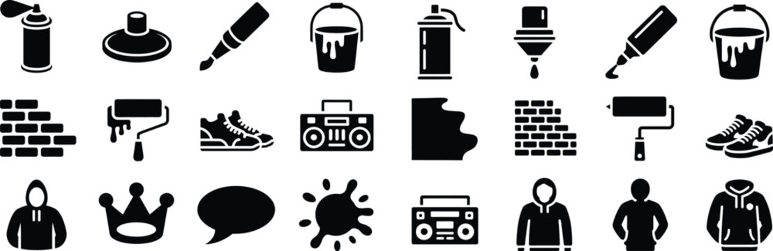 Silhouette Graffiti Tools Icons Set. Spray, Paint, Urban, Art Vector Illustration