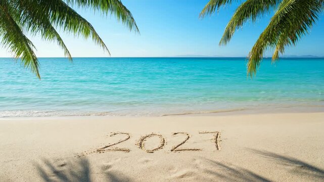 2027 written in sand with palm trees and ocean view. Captivating establishing shot of a tropical destination. Holiday concept, summer vibes, future planning.