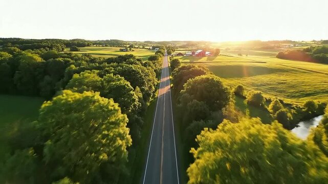 Aerial rural road and highway through countryside farmland at sunset, landscape with tree line, green field patterns beside winding river bend, warm golden hour light, peaceful summer travel scene