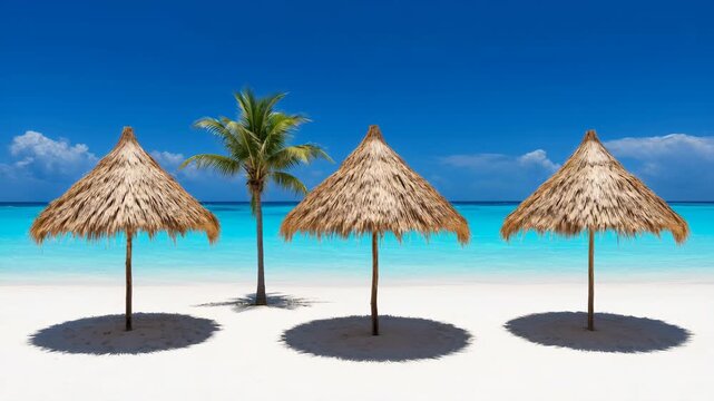 Three straw umbrellas stand on a pristine beach with turquoise water and clear blue skies. A serene and tranquil scene. Tropical paradise, idyllic vacation, summer relaxation.