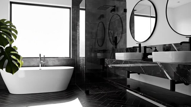 Modern luxury bathroom with freestanding bathtub, double vanity, and Monstera