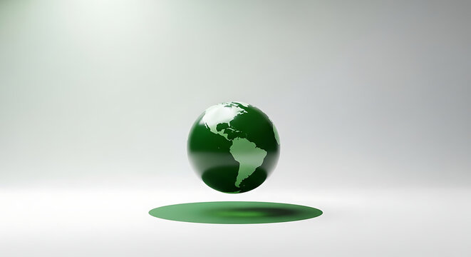 A minimalist 3D rendering of a translucent green globe representing Earth, floating above a matching green shadow on a clean white background.
