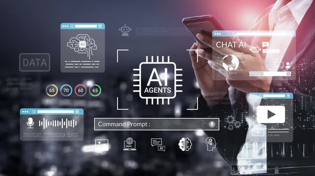 Advanced AI Technology Interaction with User Displaying Data Analytics, Chat Bots, and Command Prompts in a Digital Environment Gluon.