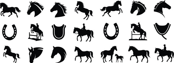 silhouette horse icons set. animal, equestrian, riding, hoof, farm vector illustration