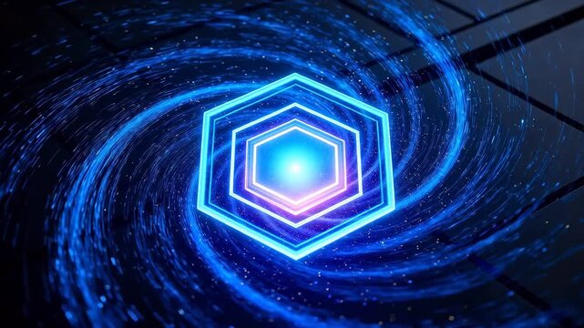 Rotating neon hexagonal frames with purple and blue glowing lights