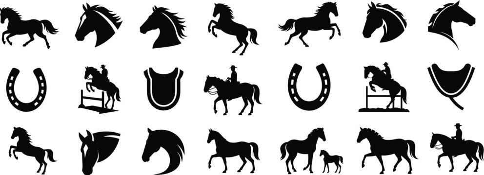 silhouette horse icons set. animal, equestrian, riding, hoof, farm vector illustration