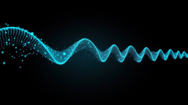 Bright blue wave formed from numerous small dots against black background. Dynamic, flowing energy visualized digitally.