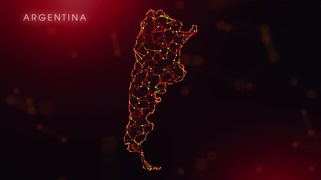 A dynamic motion video showcasing the Argentina country border through a colorful plexus reveal. Glowing red and orange dots represent high-tech data communication and global digital networks.