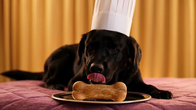 Black Labrador with chef's hat and bone on tray in studio. A funny studio shot with canine and food prop. . Playful pet, humorous concept, tasty treat.