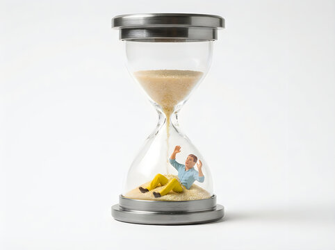 Miniature businessman trapped in hourglass with falling sand