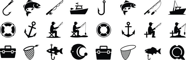 Silhouette fishing line icons set. fish, hook, boat, anchor, angler, equipment vector illustration © Creative Juel 