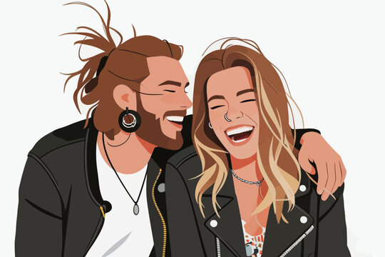 Hip Couple Laughing Together in Stylish Outfits