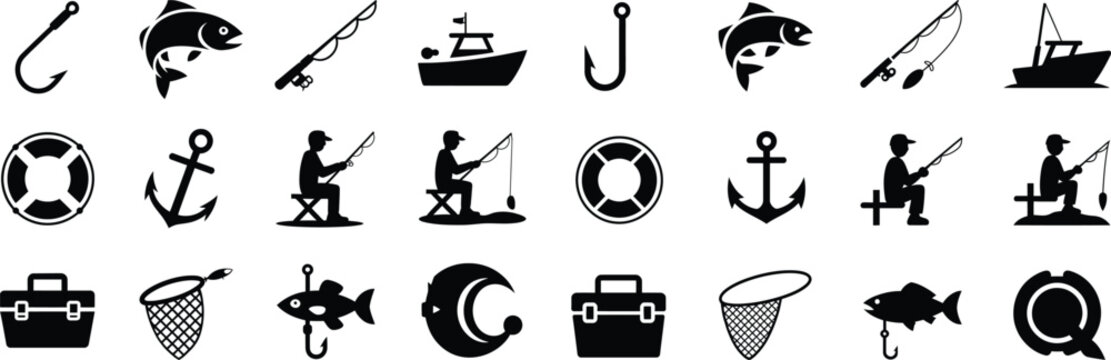 Silhouette fishing line icons set. fish, hook, boat, anchor, angler, equipment vector illustration
