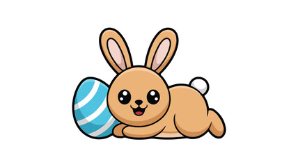 Fototapeta premium Cute cartoon bunny lying with blue Easter egg