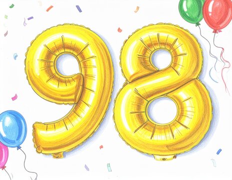Pencil drawing of yellow number 98 balloon. Sketch for birthday or anniversary party
