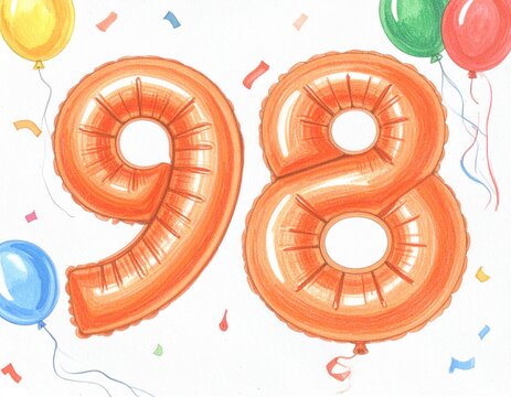 Pencil drawing of orange number 98 balloon. Sketch for birthday or anniversary party