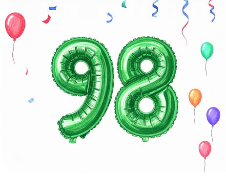 Pencil drawing of green number 98 balloon. Sketch for birthday or anniversary party