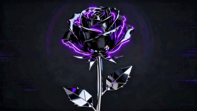 Black Metallic Rose with Electric Purple Glowing Edges and Chrome Stem
