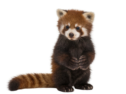 Isolated adorable baby red panda standing up on hind legs and looking curiously