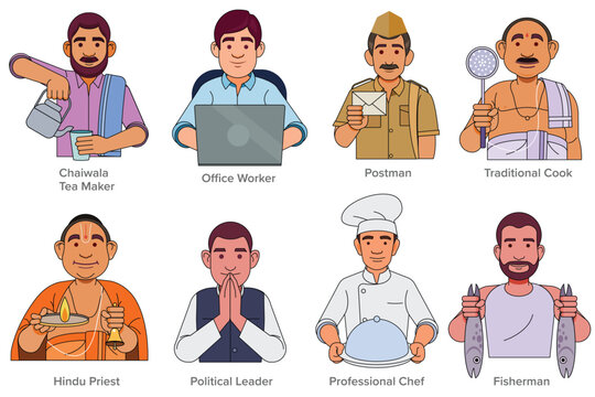 Indian Character Icon Set, Indian professions characters set including chef, fisherman, postman, priest, and other workers Icon illustration