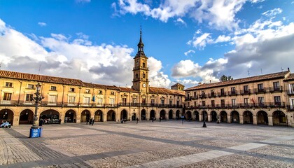 Obraz premium A grand plaza showcases symmetrical architecture with arches and a tall clock tower. A blue sky and light clouds provide the backdrop, with people visible