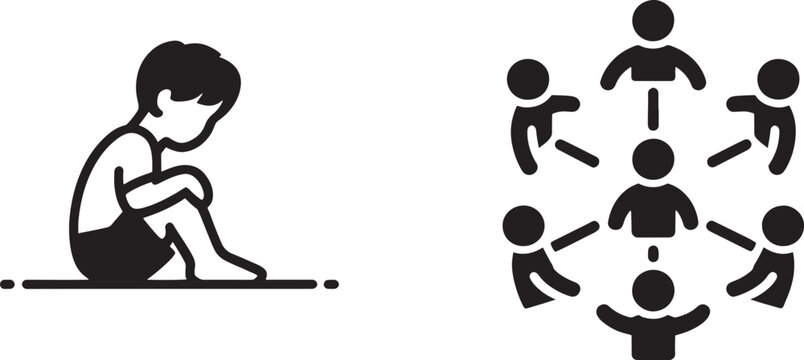 A solitary figure sitting alone in a withdrawn posture, juxtaposed with a circular arrangement of connected individuals, symbolizing isolation versus community and social connection.