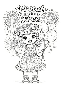 Patriotic girl coloring page with flag, balloons, fireworks, and Proud to Be Free text in black and white line art. Great for holiday printables, classroom pages, and July 4 promotions.