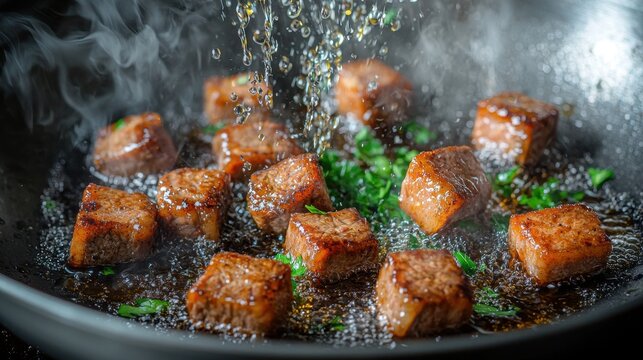 Braised meat browning beef cubes searing stainless pan liquid splash upward crystalline droplets caramelization mahogany steam oil mist