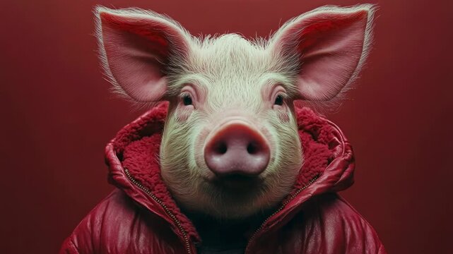 Closeup of a funny pig wearing a modern red jacket looking directly at the camera